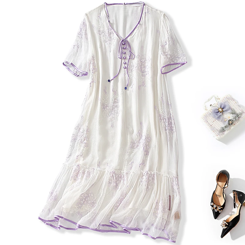 New Summer 2026 Elegant Fashion Dresses For Women V-neck Short Sleeve 100% Real Silk Floral Embroidery Women's White Dress
New Summer 2026 Elegant Fashion Dresses For Women V-neck Short Sleeve 100% Real Silk Floral Embroidery Women's White Dress