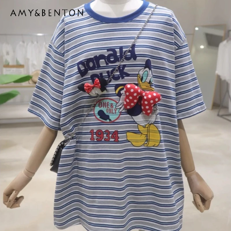 Breathable Age-reducing Cartoon Pendant Printing Tees Summer Loose Medium and Long Cotton Striped Short-sleeved T-shirt Women
Breathable Age-reducing Cartoon Pendant Printing Tees Summer Loose Medium and Long Cotton Striped Short-sleeved T-shirt Women