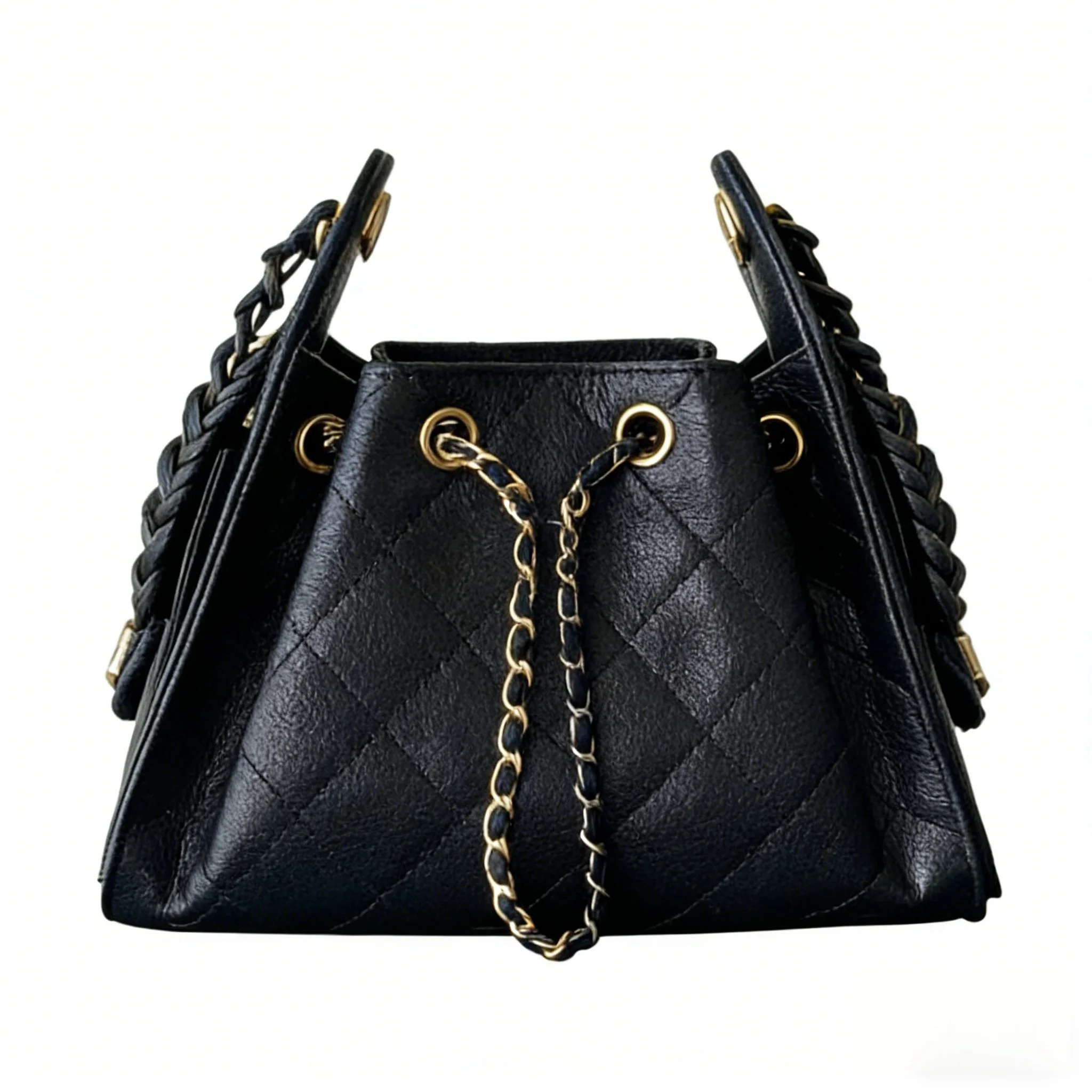 Black Diamond-Quilted Leather Bucket Bag, Drawstring Purse with Braided Handles & Gold Chain, Luxury Designer Inspired Women's Handbag
Black Diamond-Quilted Leather Bucket Bag, Drawstring Purse with Braided Handles & Gold Chain, Luxury Designer Inspired Women's Handbag