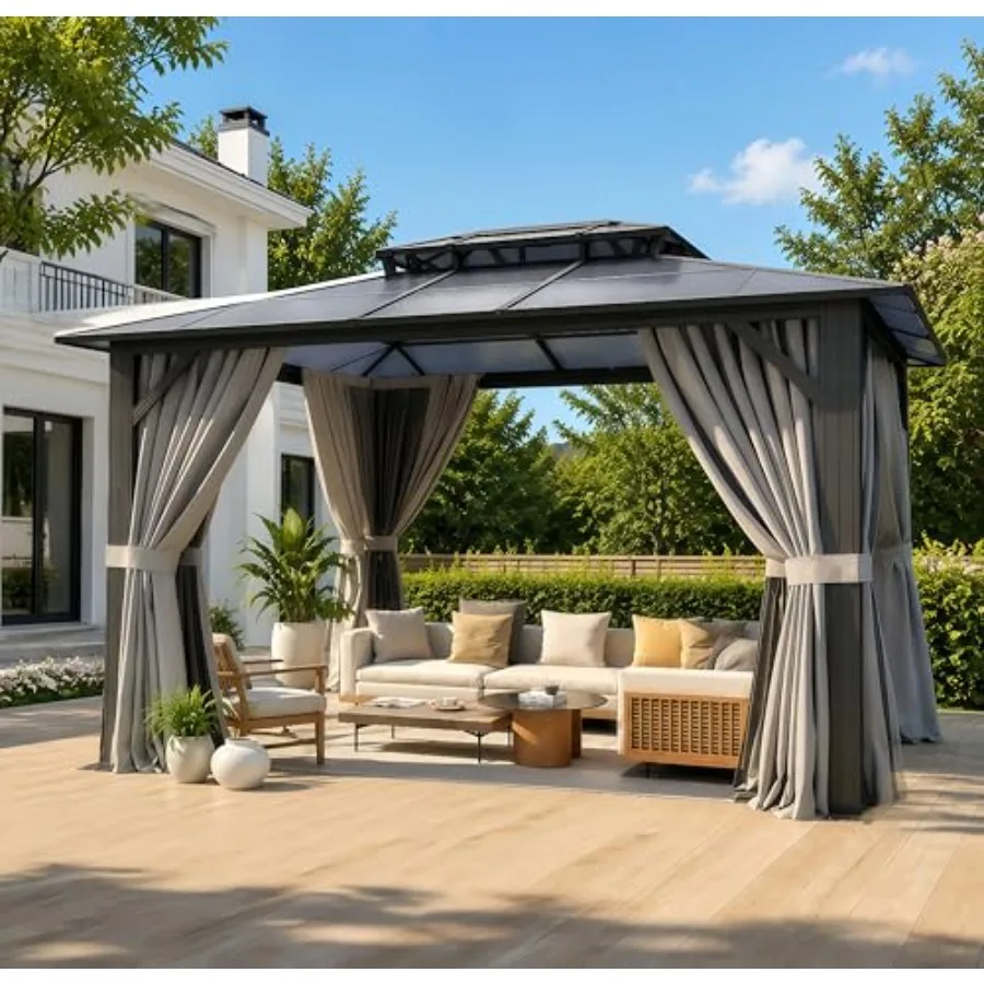 Outdoor permanent hardtop gazebo for patio, garden, lawns; aluminum frame with double polycarbonate roof canopy, gray curtains
Outdoor permanent hardtop gazebo for patio, garden, lawns; aluminum frame with double polycarbonate roof canopy, gray curtains