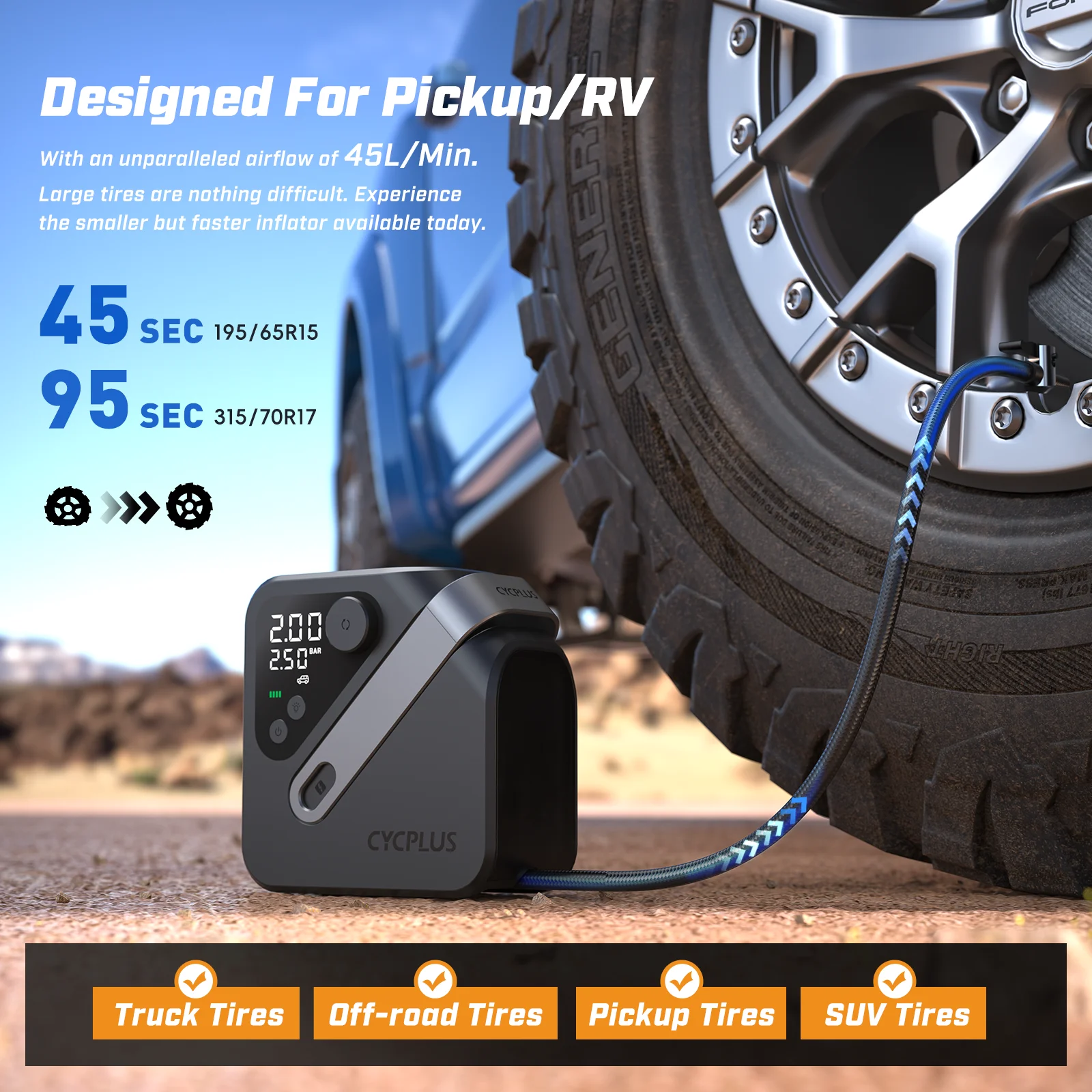 CYCPLUS AL7 Smart Tire Inflator Electric Rechargeable 100PSI LED Cordless Air Inflator for Pickup Truck Motorcycle Car Tires
CYCPLUS AL7 Smart Tire Inflator Electric Rechargeable 100PSI LED Cordless Air Inflator for Pickup Truck Motorcycle Car Tires