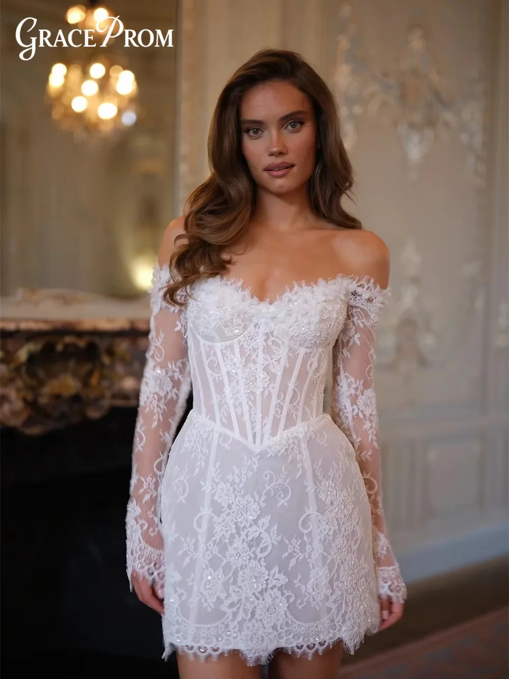 Bohemian Short Bridal Gown White Off Shoulder Lace Wedding Dress with Long Sleeves Corset Lace Up Back and Beaded Floral Details
Bohemian Short Bridal Gown White Off Shoulder Lace Wedding Dress with Long Sleeves Corset Lace Up Back and Beaded Floral Details