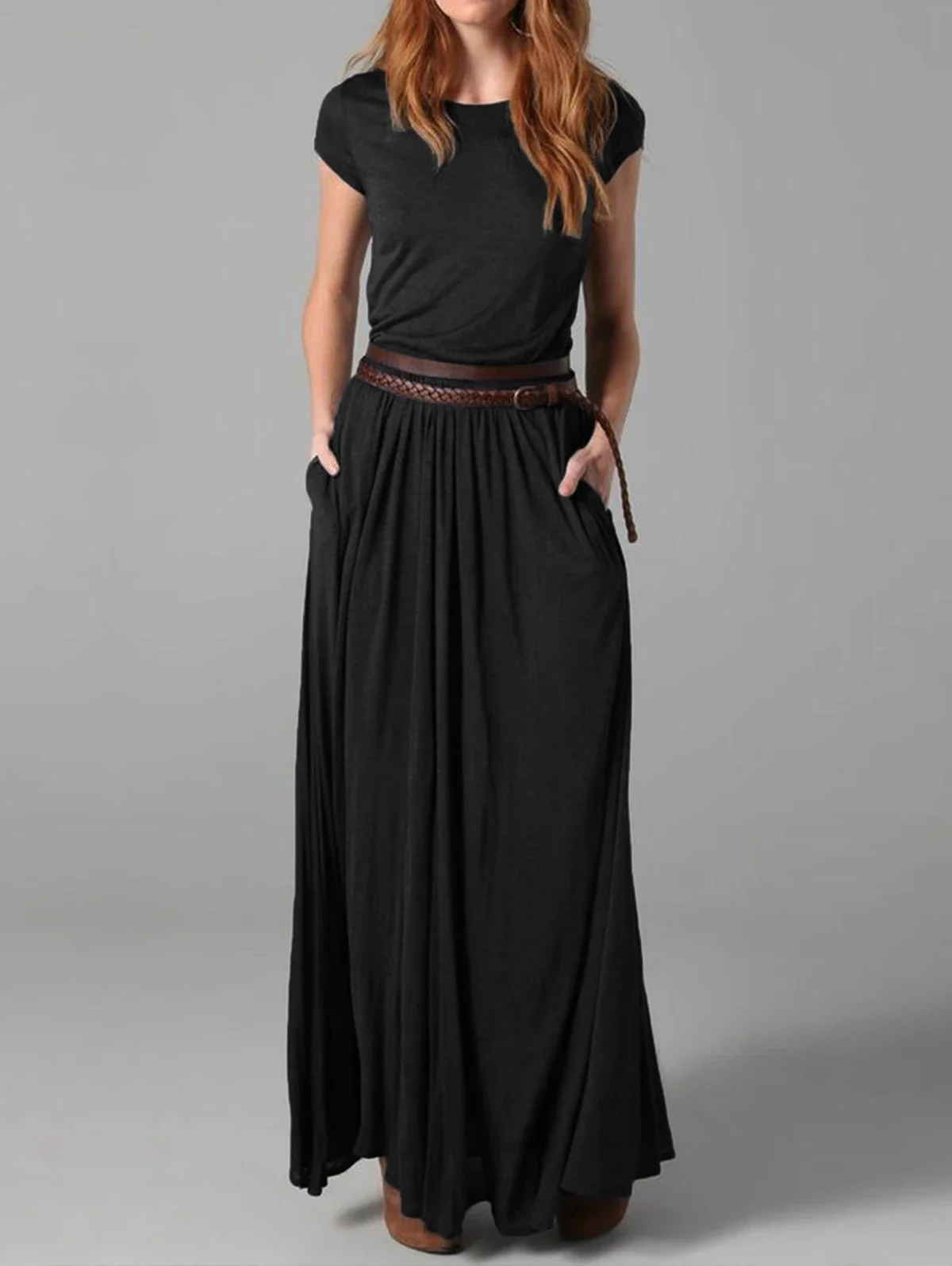 Women's Elegant Solid Color Maxi Dress Crew Neck Short Sleeve with Pockets Office Lady Casual Long Skirt Dress
Women's Elegant Solid Color Maxi Dress Crew Neck Short Sleeve with Pockets Office Lady Casual Long Skirt Dress
