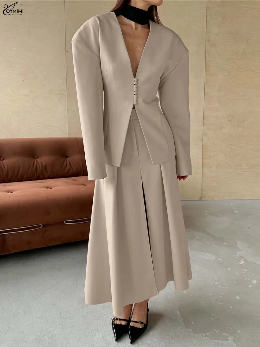 Oymimi Elegant Khaki Loose Women's Two Pieces Set Fashion Long Sleeve Single Breasted Shirts And Pleated Mid-Calf Skirts Sets
Oymimi Elegant Khaki Loose Women's Two Pieces Set Fashion Long Sleeve Single Breasted Shirts And Pleated Mid-Calf Skirts Sets