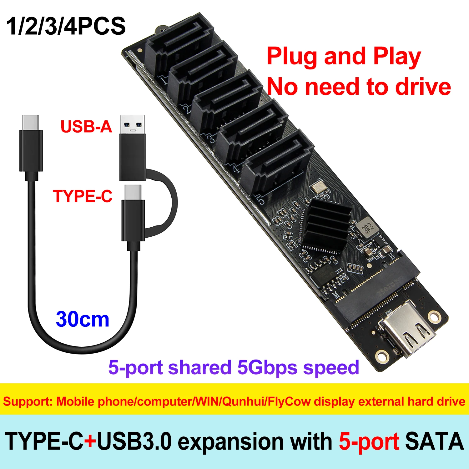 USB Type-C to 5-port SATA Adapter Card M.2 NGFF B-KEY SATA to 5-port SATA3 6Gbps expansion card JM575chip supports PM function
USB Type-C to 5-port SATA Adapter Card M.2 NGFF B-KEY SATA to 5-port SATA3 6Gbps expansion card JM575chip supports PM function
