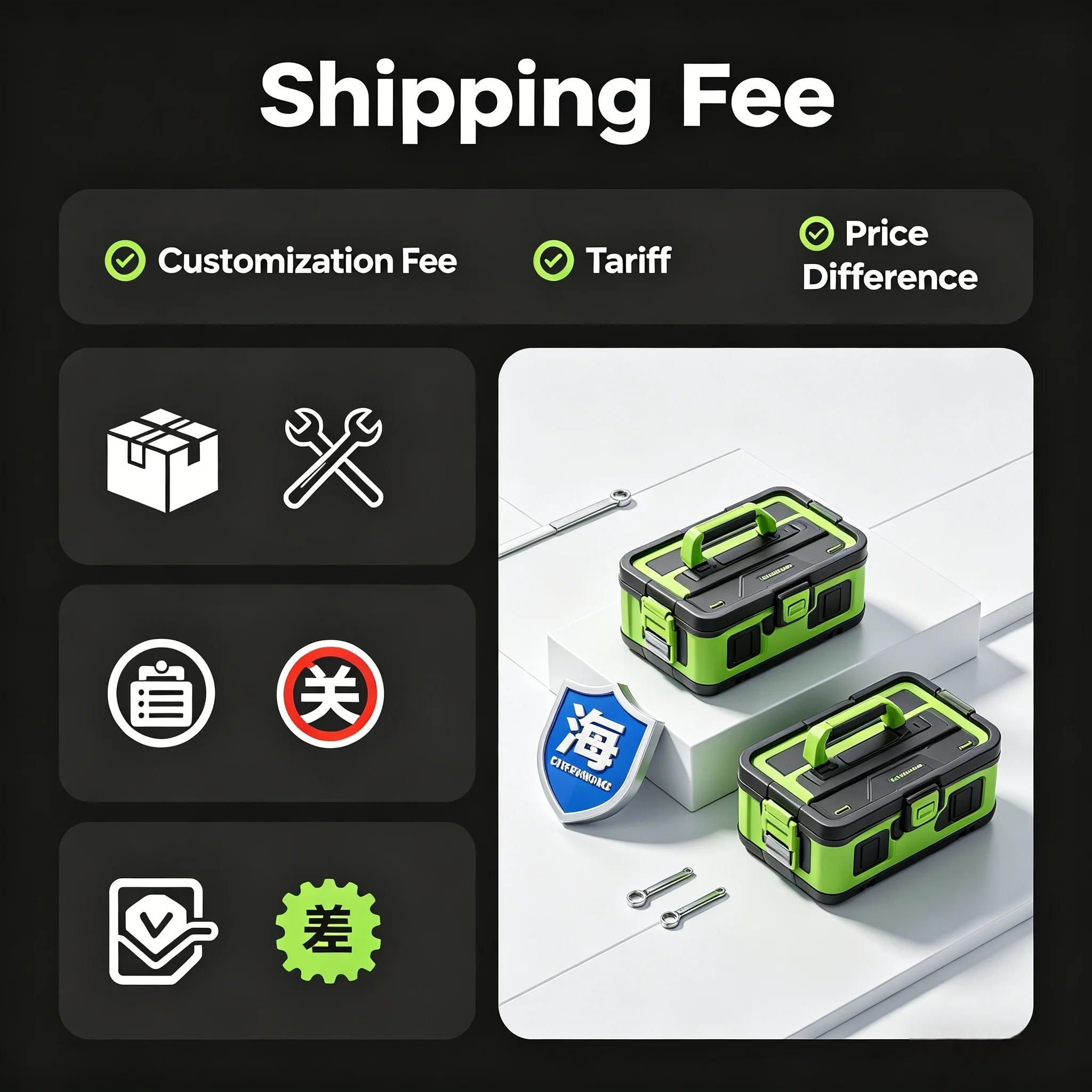 Delivery Fee, Customization Fee, Tariff, Price Difference
Delivery Fee, Customization Fee, Tariff, Price Difference