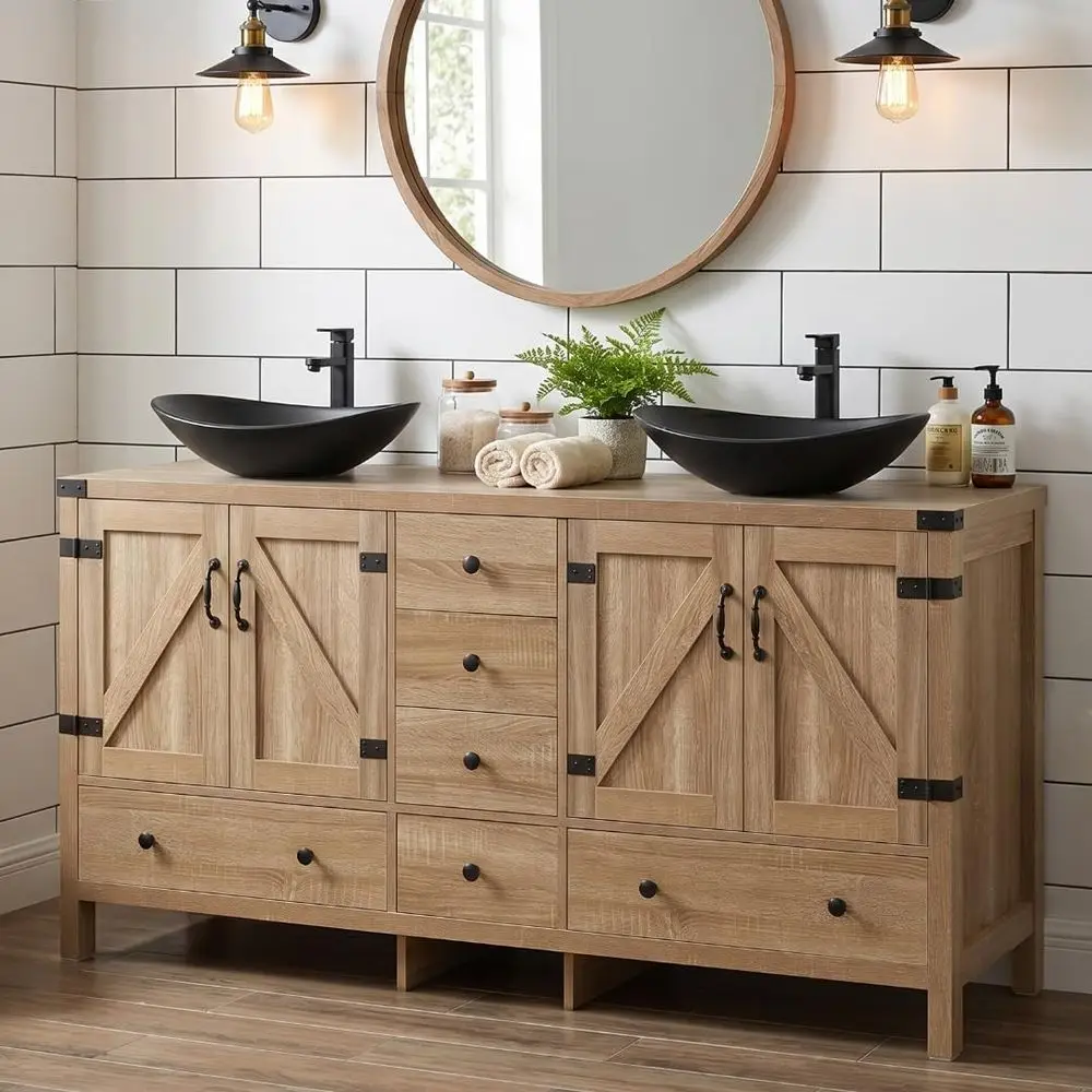 60 inch Natural Color Bathroom Vanity, Rustic ixture Standing Pedestal Cabinet with Two Black Ceic Boat Sinks
60 inch Natural Color Bathroom Vanity, Rustic ixture Standing Pedestal Cabinet with Two Black Ceic Boat Sinks