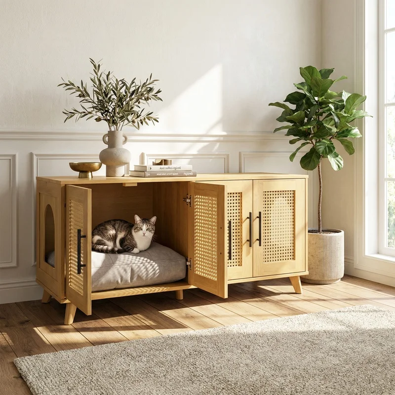 Myra Indoor Rubber Wood Cat Cabinet with Plush Cushion – Modern Hidden Pet Furniture
Myra Indoor Rubber Wood Cat Cabinet with Plush Cushion – Modern Hidden Pet Furniture