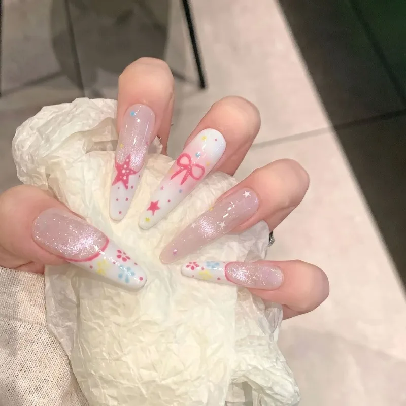 10PCS Extra Long Slim Almond Handmade Press on Nails Sweet Flowers Pink Bow Star White French False Nails Luxury Cat Eye Nails
10PCS Extra Long Slim Almond Handmade Press on Nails Sweet Flowers Pink Bow Star White French False Nails Luxury Cat Eye Nails