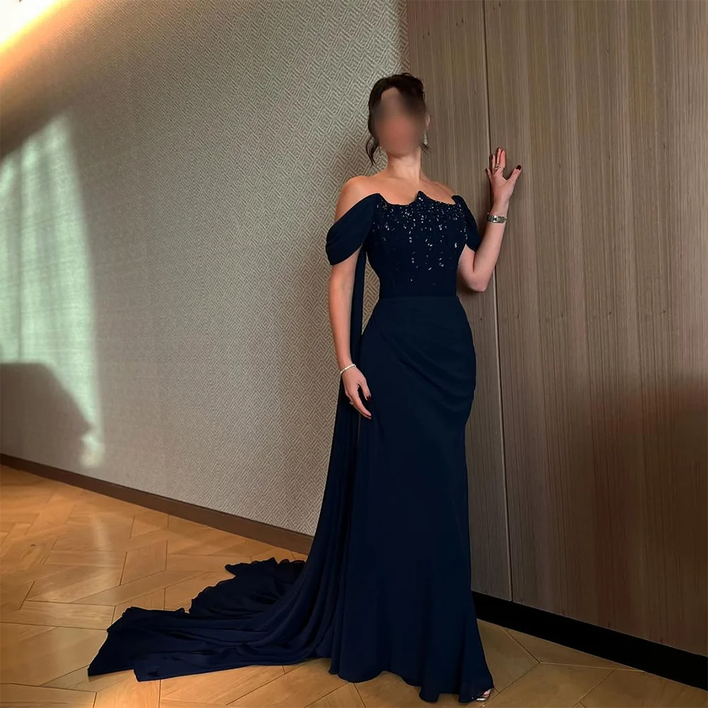 Navy Prom Dresses for Women Off The Shoulder Crystal Jersey Evening Gowns Mermaid Sweep Train Formal Party Dress Customized
Navy Prom Dresses for Women Off The Shoulder Crystal Jersey Evening Gowns Mermaid Sweep Train Formal Party Dress Customized