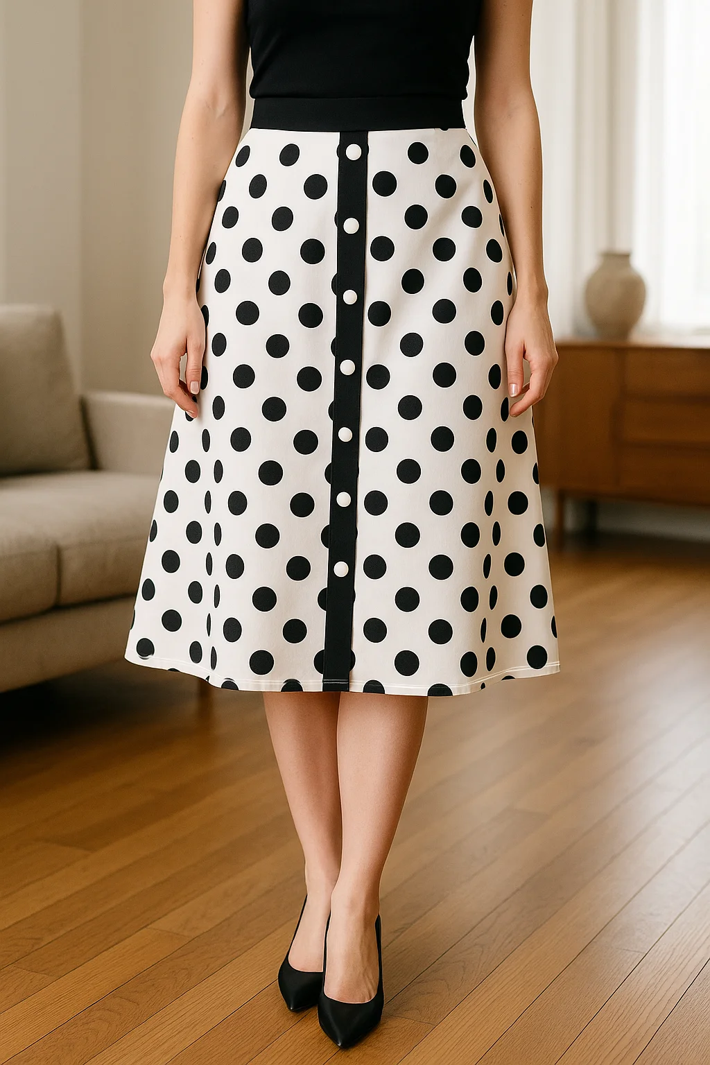 Womens Summer Wear to Work Skirts High Waist Vintage Polka Dot Print Black Front Button 50s Midi Swing A-Line Skirt
Womens Summer Wear to Work Skirts High Waist Vintage Polka Dot Print Black Front Button 50s Midi Swing A-Line Skirt
