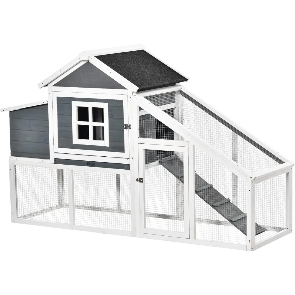 69" Wooden Chicken Coop, Poultry Cage Hen House with Connecting Ramp, Removable Tray, Ventilated Window and Nesting Box, White
69" Wooden Chicken Coop, Poultry Cage Hen House with Connecting Ramp, Removable Tray, Ventilated Window and Nesting Box, White