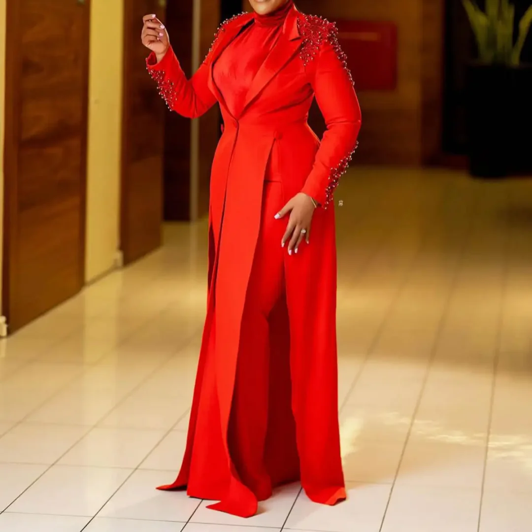 Pearls Beading V Neck Jacket Prom Birthday Party Evening Guest Plus Size Red Long Blazer Dress Formal Wear Custom Made 
Pearls Beading V Neck Jacket Prom Birthday Party Evening Guest Plus Size Red Long Blazer Dress Formal Wear Custom Made