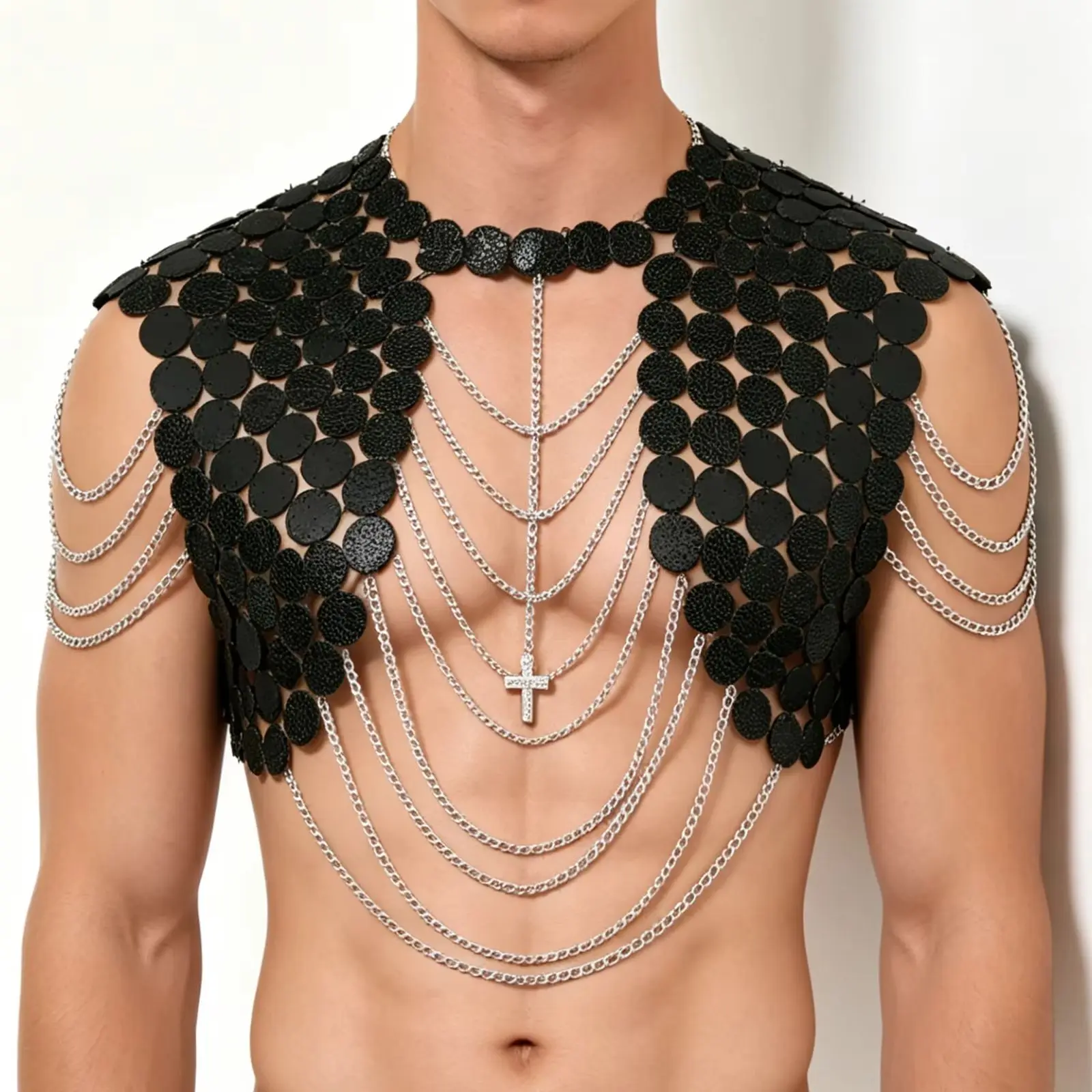 Men Sexy Shiny Crops Tops Faux Leather Sequins Top Vest Metal Chains Chest Harness Crucifix Decor Performance Clubwear Costume
Men Sexy Shiny Crops Tops Faux Leather Sequins Top Vest Metal Chains Chest Harness Crucifix Decor Performance Clubwear Costume