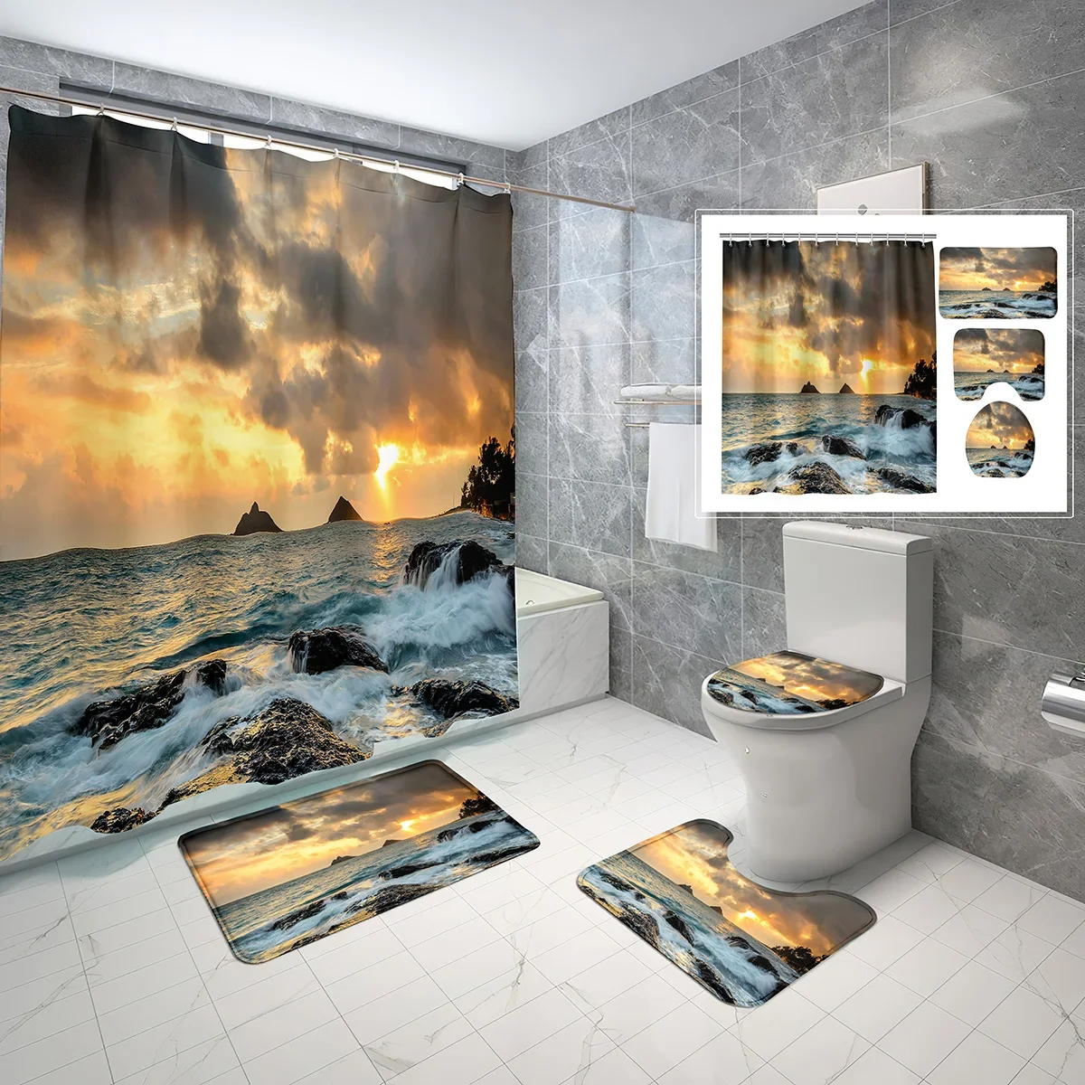 Набор из 4 предметов: шторка для душа с пейзажем пляжа, нескользящий коврик для ванной с морской тематикой и волнами, чехол на крышку унитаза, водонепроницаемая шторка для ванной с крючками
Набор из 4 предметов: шторка для душа с пейзажем пляжа, нескользящий коврик для ванной с морской тематикой и волнами, чехол на крышку унитаза, водонепроницаемая шторка для ванной с крючками