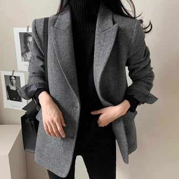 ChicAutumn/Winter 한국 스타일 하이 엔드 Feelsuit 칼라 싱글 브레스트 루즈핏 여성용 다목적 솔리드 컬러 긴 소매 모직 자켓