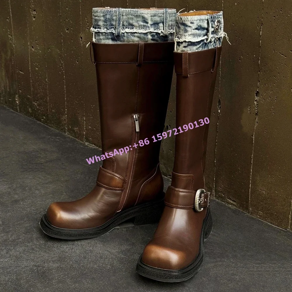Patchwork Retro Knight Boots Denim Blue Brown Square Toe Chunky Heels Buckle Belt Shoes Hotties Fashion Leather Knee High Boots
Patchwork Retro Knight Boots Denim Blue Brown Square Toe Chunky Heels Buckle Belt Shoes Hotties Fashion Leather Knee High Boots