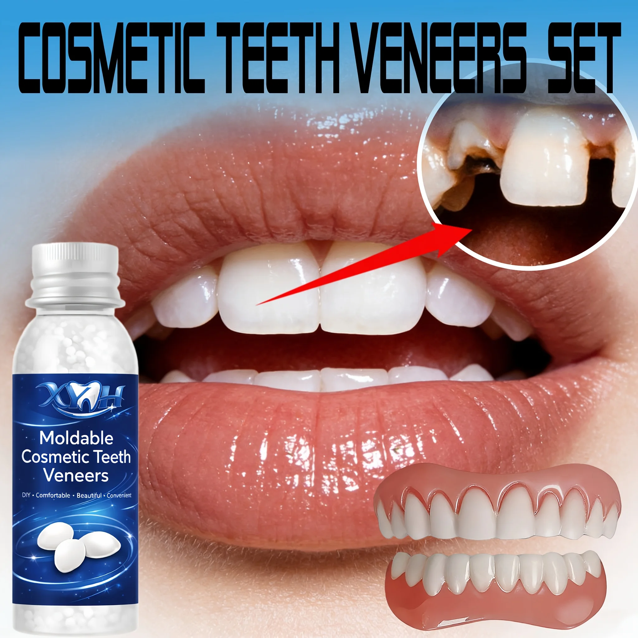 Temporary Cosmetic Teeth Cover Set is easy to clean, convenient for temporary use, simple to operate, and can be combined to restore your beautiful smile
Temporary Cosmetic Teeth Cover Set is easy to clean, convenient for temporary use, simple to operate, and can be combined to restore your beautiful smile