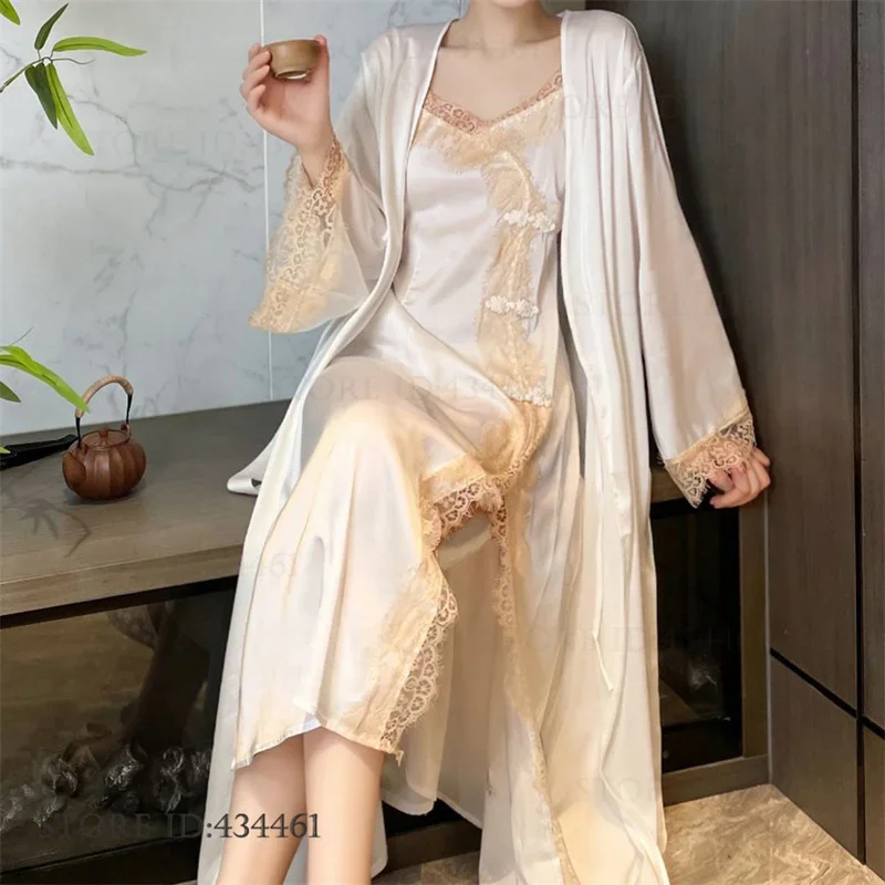 Women Sleepwear 2PCS Patchwork Lace Long Sleeve Belted Robe Nightgown V Neck Slip Night Dress Sexy Elegant Women Pajamas Sets
Women Sleepwear 2PCS Patchwork Lace Long Sleeve Belted Robe Nightgown V Neck Slip Night Dress Sexy Elegant Women Pajamas Sets
