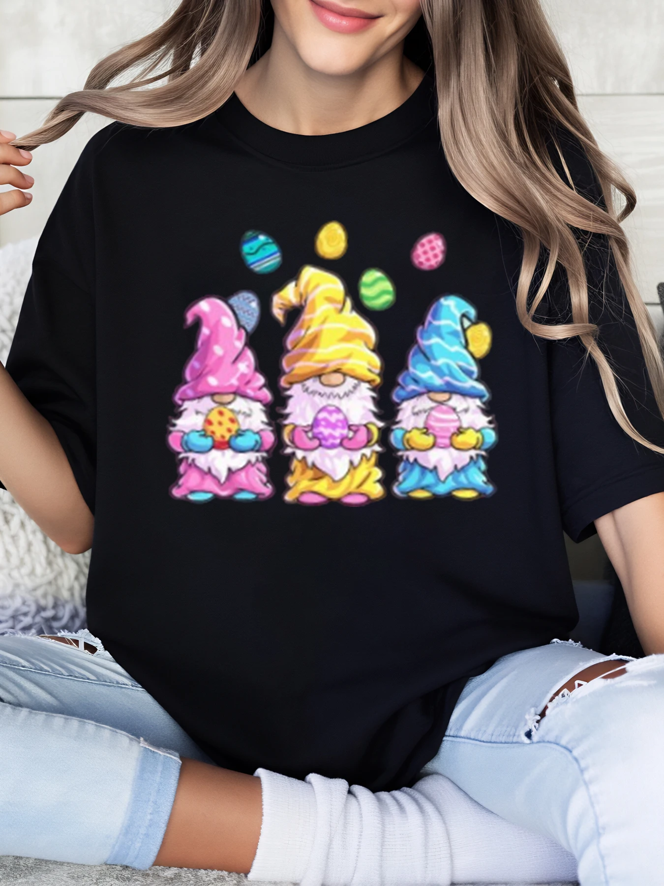 Easter Gnomes with Eggs Print Easter t Shirt Women Casual Wear Black Plus-Size
Easter Gnomes with Eggs Print Easter t Shirt Women Casual Wear Black Plus-Size