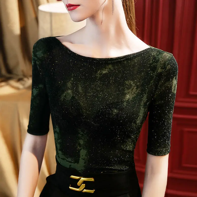 Female Fashion Elegant Bright Silk Half Sleeve Tops Female Vintage Slash Neck Printed Pullovers T-shirt Women's Clothing Q510
Female Fashion Elegant Bright Silk Half Sleeve Tops Female Vintage Slash Neck Printed Pullovers T-shirt Women's Clothing Q510