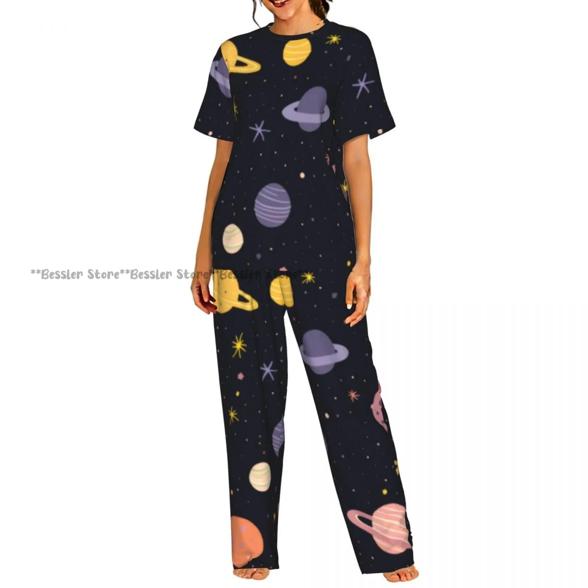Women's 2-piece set Cute Colorful Planets And Stars Pajamas Short sleeved Top and Pants Sleepwear
Women's 2-piece set Cute Colorful Planets And Stars Pajamas Short sleeved Top and Pants Sleepwear