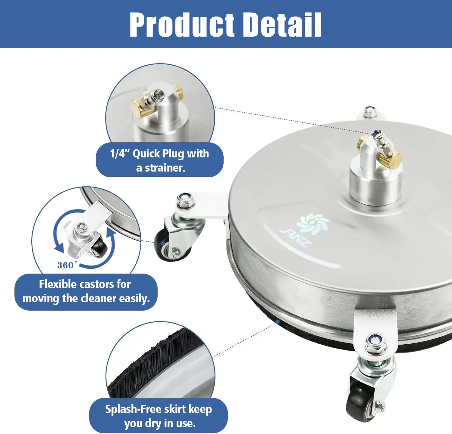 14" Pressure Washer Surface Cleaner with 4 Wheels, Stainless Steel Housing, 1/4" Quick Plug, 2 Extension Wands
14" Pressure Washer Surface Cleaner with 4 Wheels, Stainless Steel Housing, 1/4" Quick Plug, 2 Extension Wands