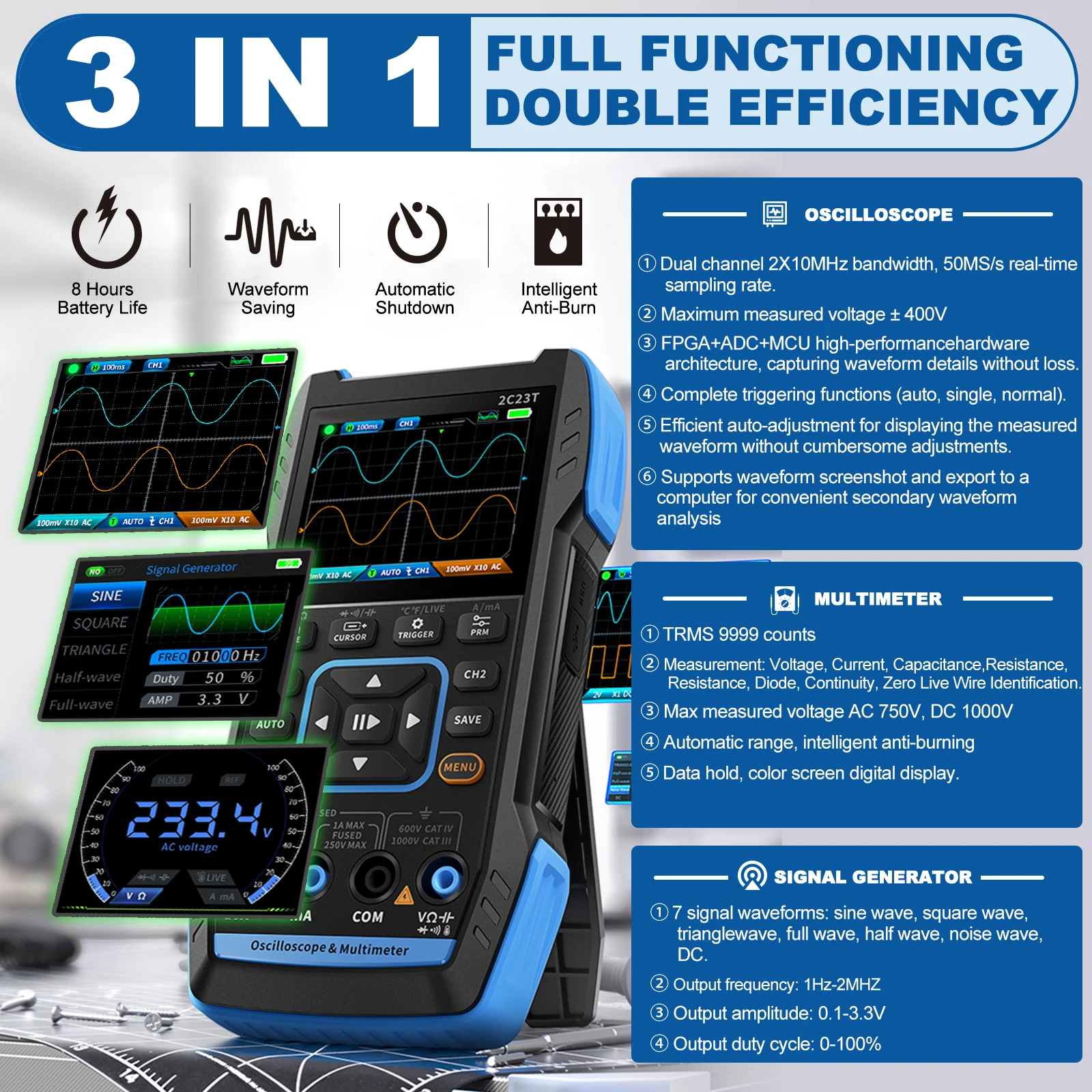 2C23T Dual Channel Oscilloscope Multimeter Signal Generator 50MSa s 10MHz 2 in 1 Waveform Tester for Auto Repair DIY Education
2C23T Dual Channel Oscilloscope Multimeter Signal Generator 50MSa s 10MHz 2 in 1 Waveform Tester for Auto Repair DIY Education