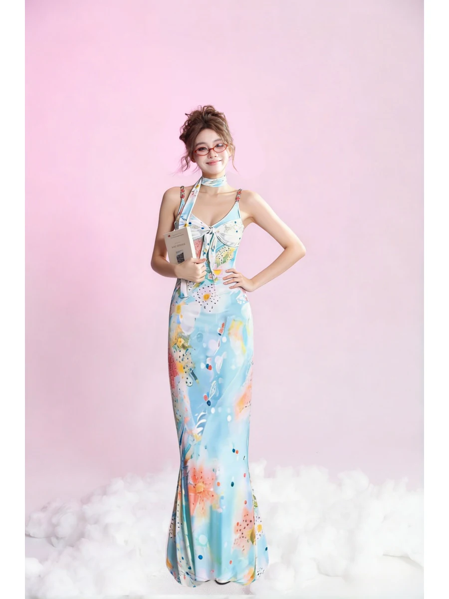 Summer Vacation Style Peach Auntie Printed Strap Dress Women's V-neck Belted Patchwork Bodycon Skirt Elegant Long Dress
Summer Vacation Style Peach Auntie Printed Strap Dress Women's V-neck Belted Patchwork Bodycon Skirt Elegant Long Dress