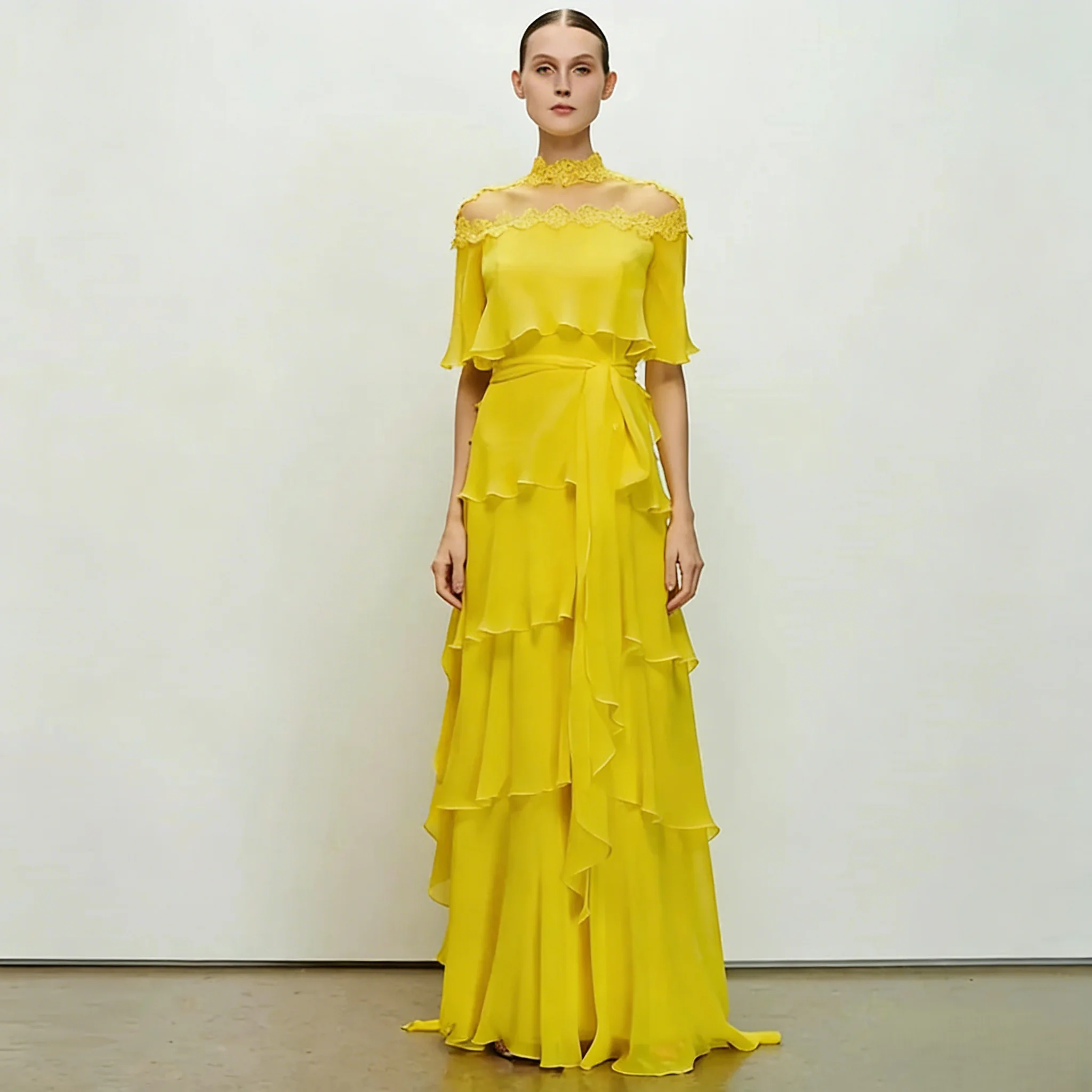 Customized Fashion Style Chiffon Evening Dress Simple High Collar Short Sleeves Long Party Gowns Classic A-Line Lace Prom Dress
Customized Fashion Style Chiffon Evening Dress Simple High Collar Short Sleeves Long Party Gowns Classic A-Line Lace Prom Dress