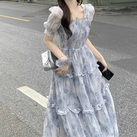 Women Dresses 2026 temperament super fairy waist-cinched square neck puff sleeve floral long dress women's clothing vestidoes