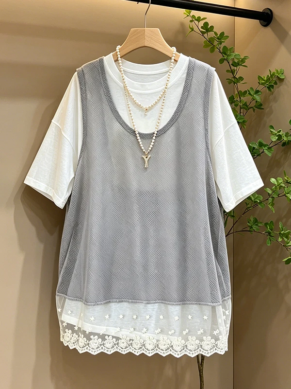 Summer New Style Loose Fit Lace Splice Short Sleeve T-Shirt Two-Piece Set Women's Casual Wear round Neck Mid-Length Top
Summer New Style Loose Fit Lace Splice Short Sleeve T-Shirt Two-Piece Set Women's Casual Wear round Neck Mid-Length Top