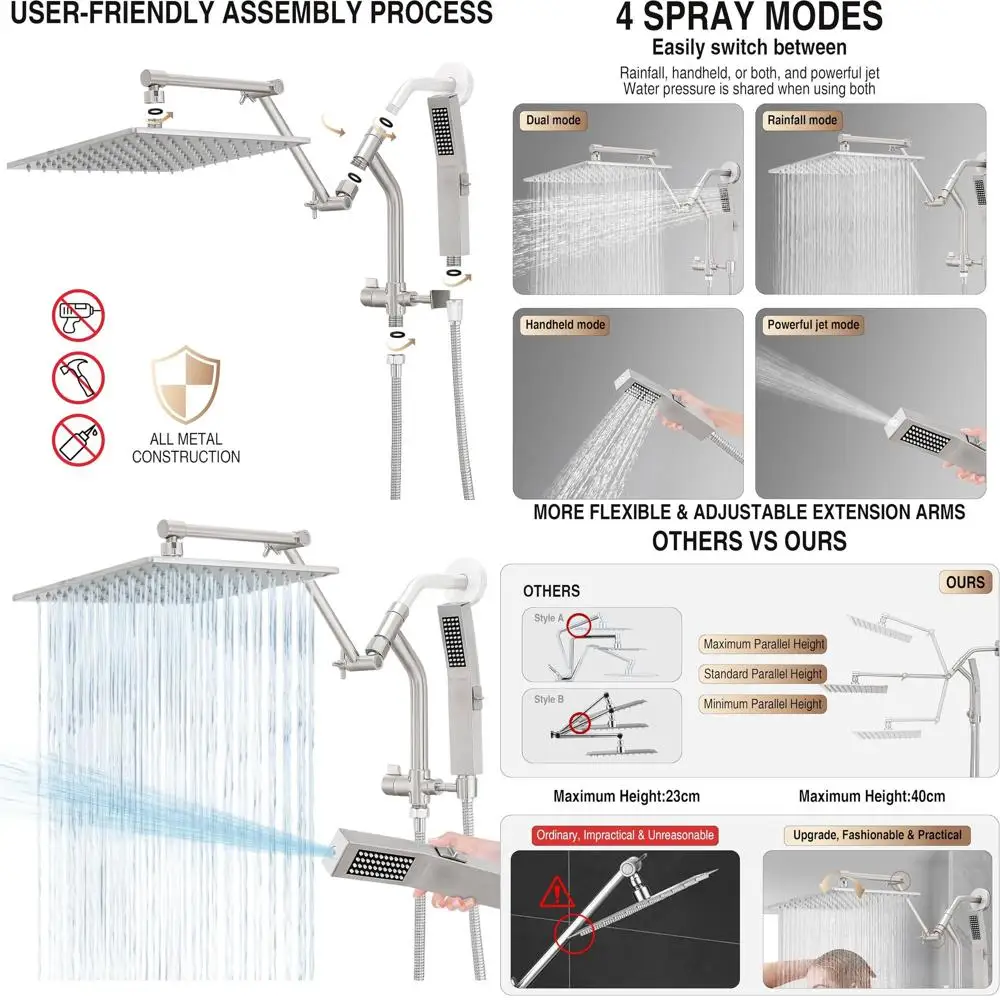 10 Metal Rain Shower Head with Handheld & Power Wash, High Pressure Square Heads, Adjustable Arm, Dual Mode (Brushed Nickel)
10 Metal Rain Shower Head with Handheld & Power Wash, High Pressure Square Heads, Adjustable Arm, Dual Mode (Brushed Nickel)