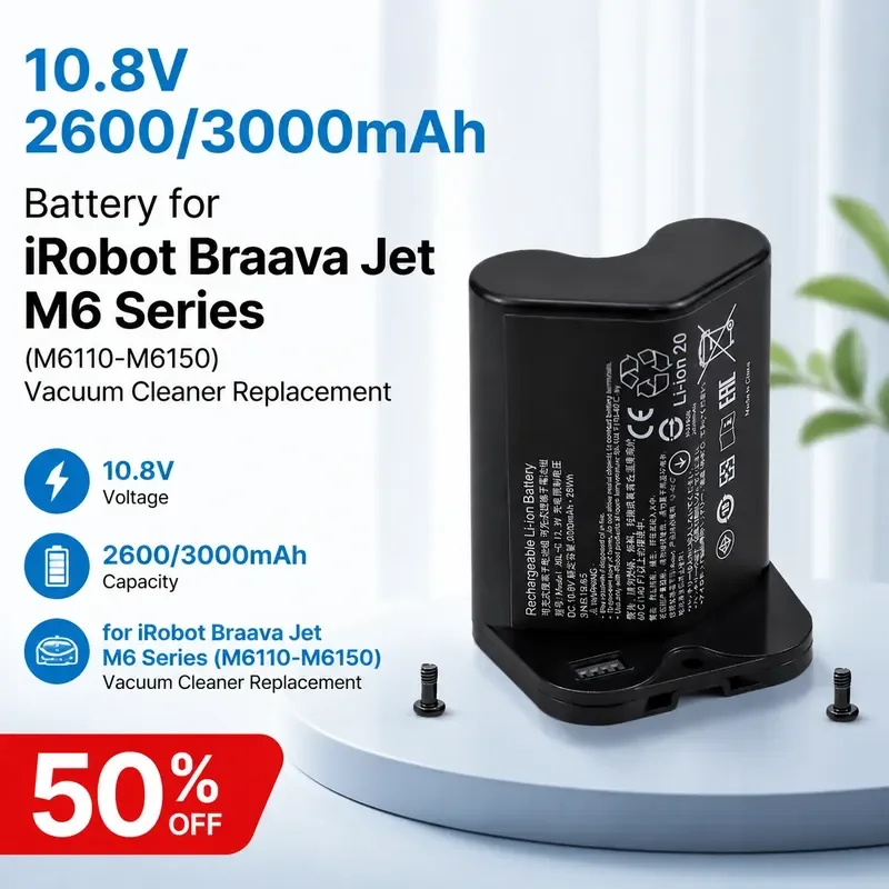 10.8V 2600/3000mAh Battery for iRobot Braava Jet M6 Series (M6110-M6150) Vacuum Cleaner Replacement
10.8V 2600/3000mAh Battery for iRobot Braava Jet M6 Series (M6110-M6150) Vacuum Cleaner Replacement