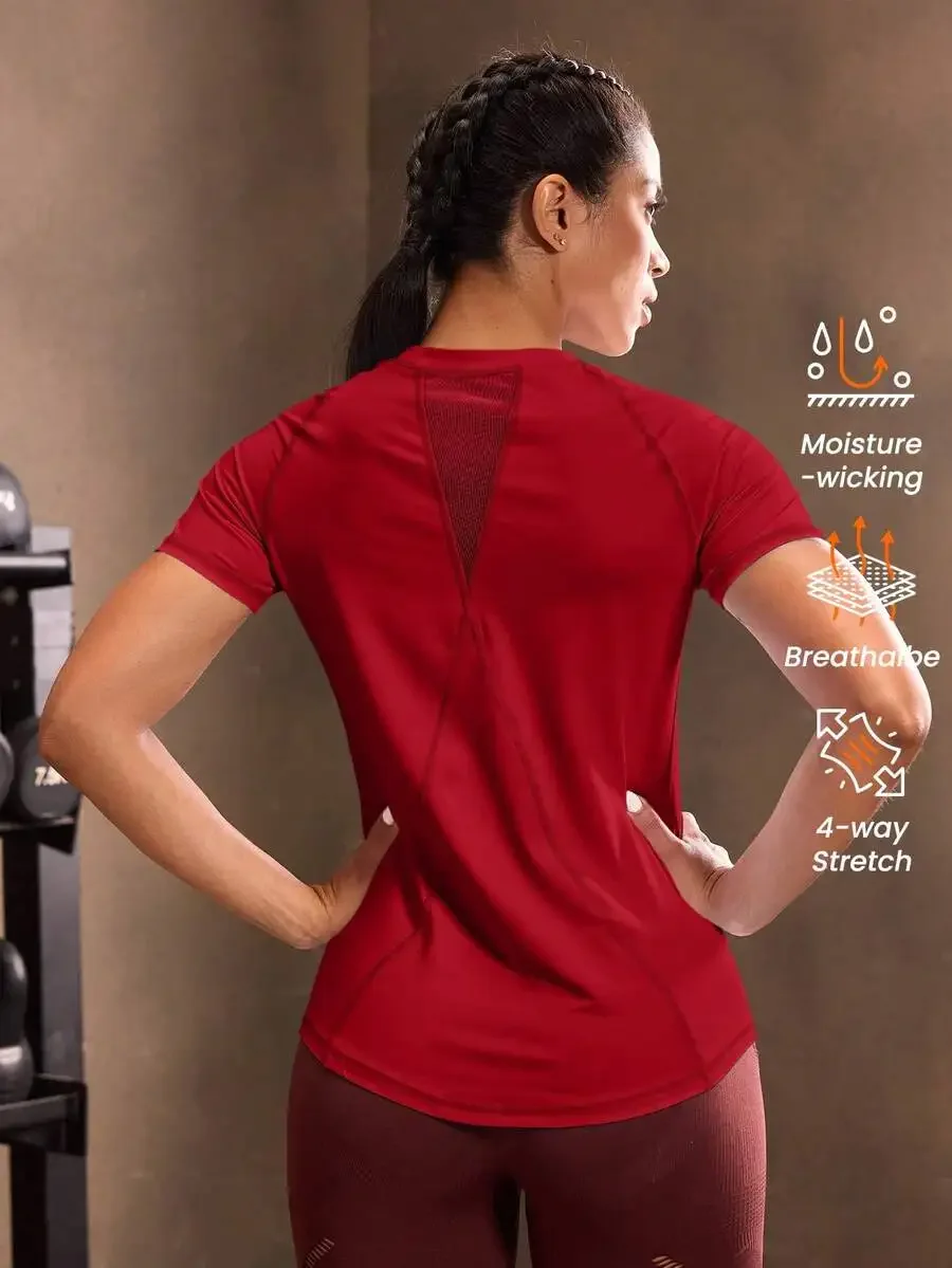 Womens Red Short Sleeve Sport T-Shirt With Mesh Panels Breathable Sweat Wicking 4-Way Stretch
Womens Red Short Sleeve Sport T-Shirt With Mesh Panels Breathable Sweat Wicking 4-Way Stretch