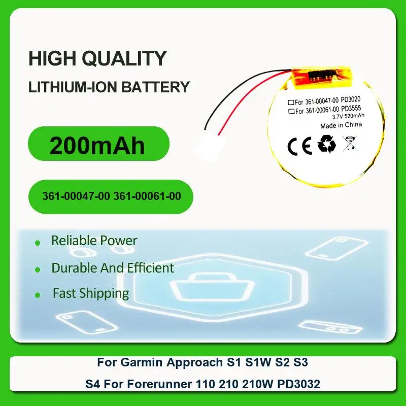 Gps Watch Battery For Garmin Approach S1 S1W S2 S3 S4 For Forerunner 110 210 210W PD3032 361-00047-00 361-00061-00 200mAh
Gps Watch Battery For Garmin Approach S1 S1W S2 S3 S4 For Forerunner 110 210 210W PD3032 361-00047-00 361-00061-00 200mAh