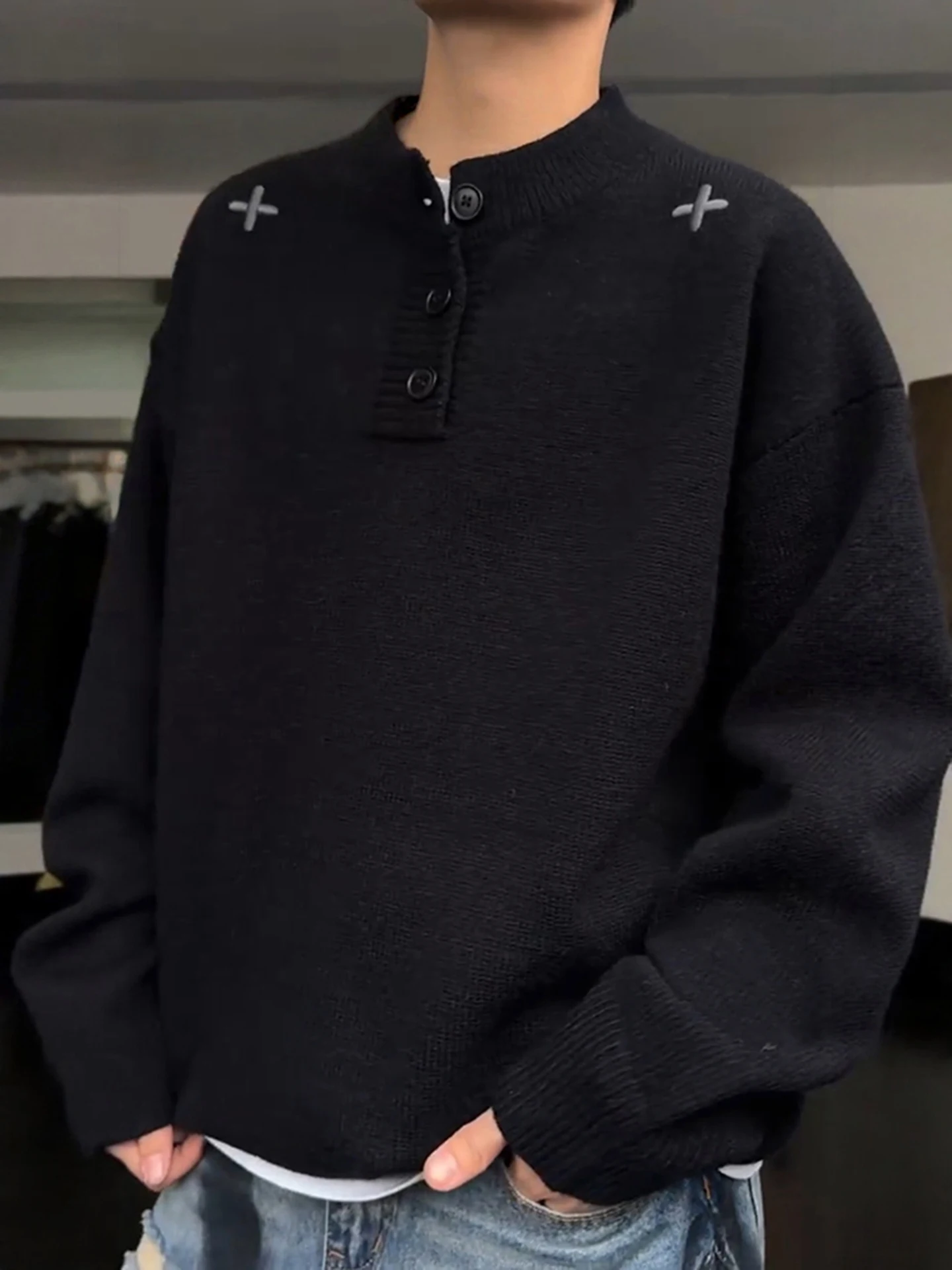 Ele American Retro Men's Knitted Sweater with Embroidery Henry Collar Inner Wear Bla Loose Fit Long Sve Winter Top
Ele American Retro Men's Knitted Sweater with Embroidery Henry Collar Inner Wear Bla Loose Fit Long Sve Winter Top