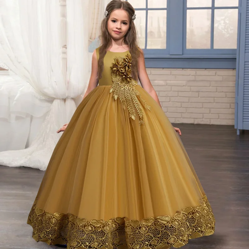 Tulle Flower Girl Dress Sleeveless with Gold Floral Lace Trim Princess Ball Gown for Weddings Elegant Kids Formal Outfit
Tulle Flower Girl Dress Sleeveless with Gold Floral Lace Trim Princess Ball Gown for Weddings Elegant Kids Formal Outfit