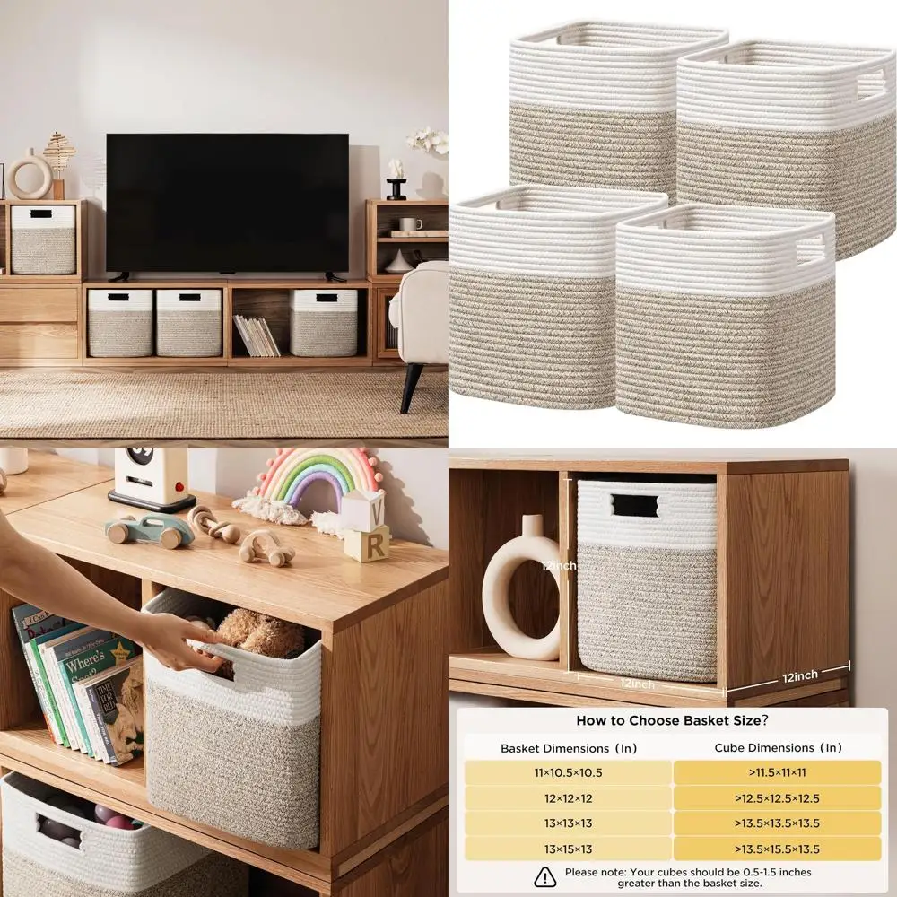 4-Piece Cotton Rope Storage Baskets - 12 Cube Organizers for Shelves, Toys, Books, in White & Brown
4-Piece Cotton Rope Storage Baskets - 12 Cube Organizers for Shelves, Toys, Books, in White & Brown