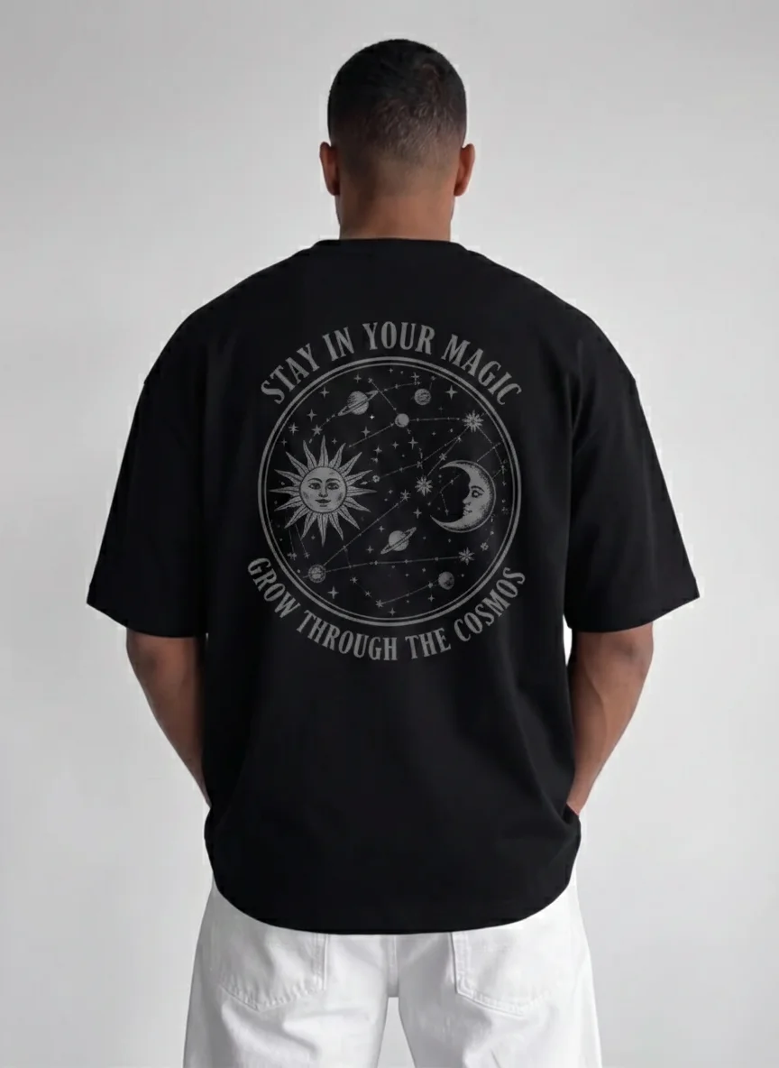 Black Celestial Graphic Tee with Sun, Moon, Planets, and Stars Printed on the Back, Vintage Astrology Design Printed Tee for Men and Women
Black Celestial Graphic Tee with Sun, Moon, Planets, and Stars Printed on the Back, Vintage Astrology Design Printed Tee for Men and Women