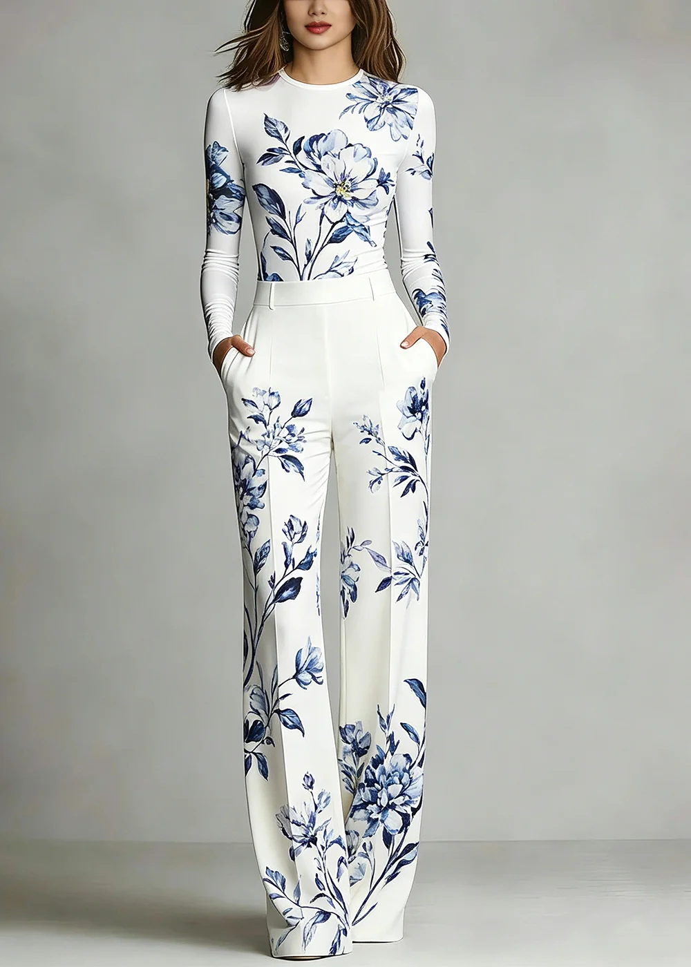 Women's Elegant Versatile 2 Piece Matching Outfit Long Sleeve Fitted Blue White Floral Print Top & With Pocket Wide Leg Pants
Women's Elegant Versatile 2 Piece Matching Outfit Long Sleeve Fitted Blue White Floral Print Top & With Pocket Wide Leg Pants