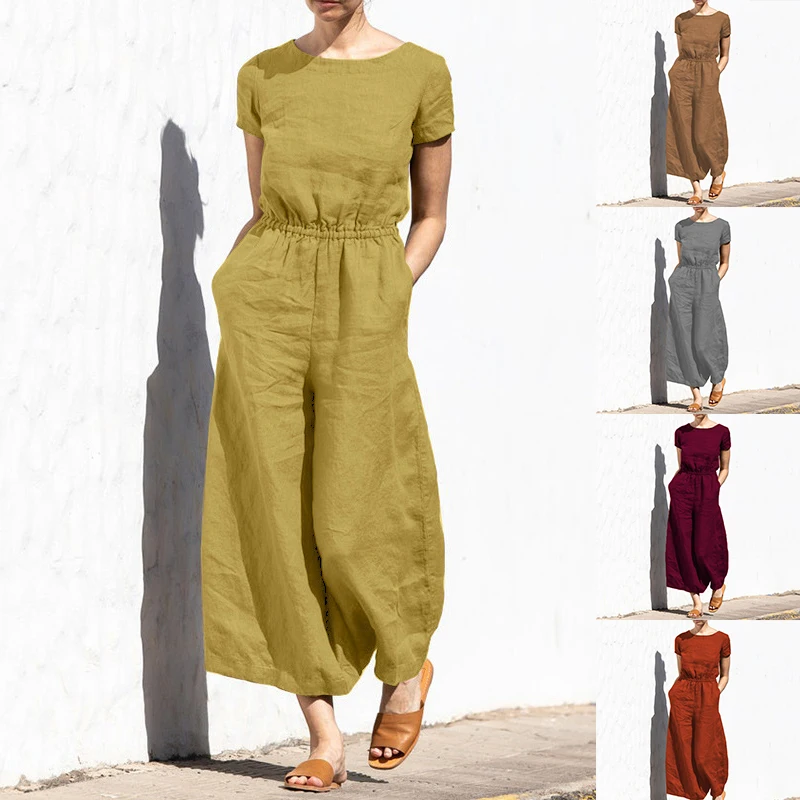 2023 New Summer Women's Jumpsuit Elastic Waist Relaxed Wide Leg Pants Cotton Hemp Short Sleeve Jumpsuit
2023 New Summer Women's Jumpsuit Elastic Waist Relaxed Wide Leg Pants Cotton Hemp Short Sleeve Jumpsuit