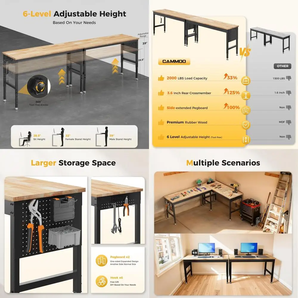 120" Adjustable Heavy Duty Workbench, 2000 LBS Load acity Rubber Wood Work Table with Pegboard, Power Outlets, Work Bench or Gar
120" Adjustable Heavy Duty Workbench, 2000 LBS Load acity Rubber Wood Work Table with Pegboard, Power Outlets, Work Bench or Gar