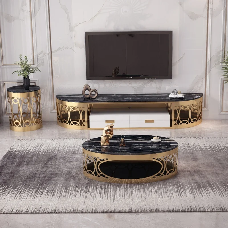 -Luxury living room furniture gold round center table Modern stainless steel foot black glass marble top coffee table sets
-Luxury living room furniture gold round center table Modern stainless steel foot black glass marble top coffee table sets