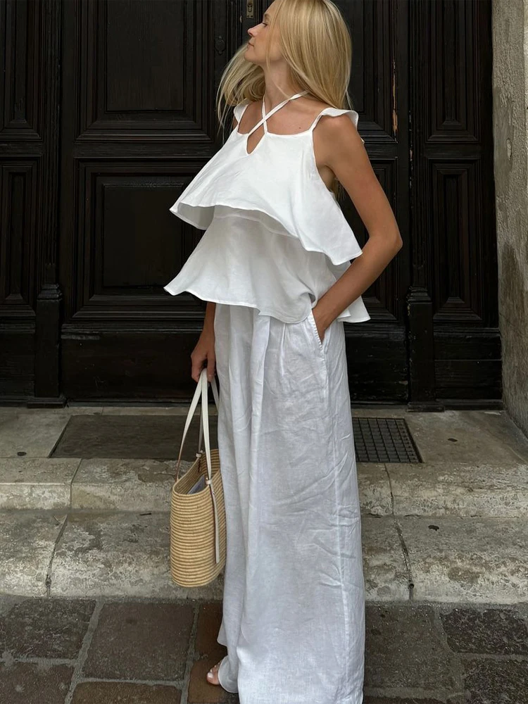 Women's Linen Ruffle Halter Top Pants Set Chic Backless White Cotton Lace Up Vest High Waist Pants Suit Lady Outfits 2026
Women's Linen Ruffle Halter Top Pants Set Chic Backless White Cotton Lace Up Vest High Waist Pants Suit Lady Outfits 2026