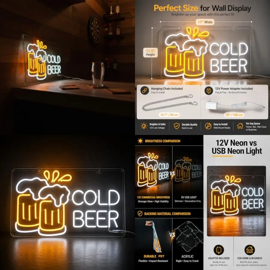 Cold Beer Neon Sign for Business and Home Bar - Durable Flexible PET LED Light for Pub, Man Cave, Garage - Unique Gift for Men,
Cold Beer Neon Sign for Business and Home Bar - Durable Flexible PET LED Light for Pub, Man Cave, Garage - Unique Gift for Men,