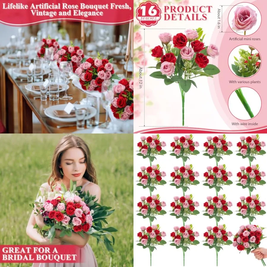 16 Bunches 12 Inch Artificial Mini Rose Bouquet 160 Heads Bridal Flower Bouquets Fake Silk Rose Bulk for Valentine's Day Weddin
16 Bunches 12 Inch Artificial Mini Rose Bouquet 160 Heads Bridal Flower Bouquets Fake Silk Rose Bulk for Valentine's Day Weddin