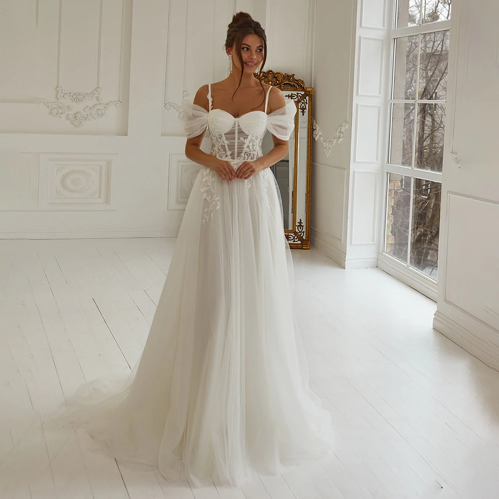 Princess Spaghetti Straps Tulle A-line Wedding Dress Sequins Lace Backless Floor Length Boho Bridal Dress with Train Custom Made
Princess Spaghetti Straps Tulle A-line Wedding Dress Sequins Lace Backless Floor Length Boho Bridal Dress with Train Custom Made