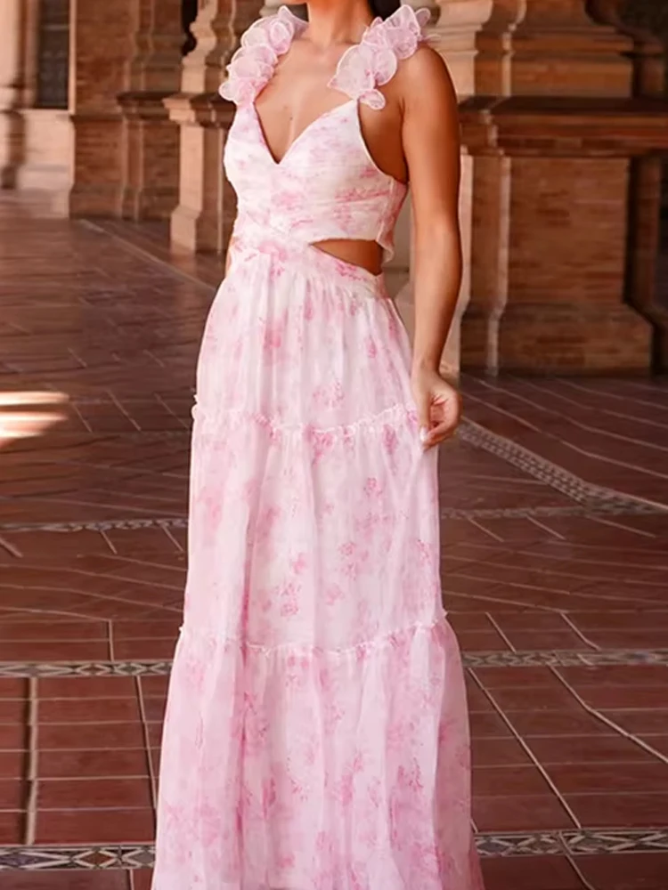 Resort Style Casual Backless Hollow Suspender Dress Fashion Print Thin Long Dresses Elegant V-neck Sleeveless Boho Chiffon Dress
Resort Style Casual Backless Hollow Suspender Dress Fashion Print Thin Long Dresses Elegant V-neck Sleeveless Boho Chiffon Dress