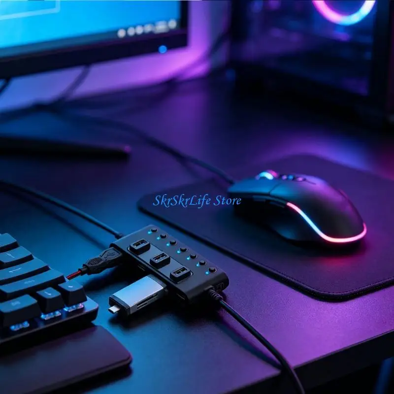 E65E 7 Way USB Splitter with Button Control and Light, ABS Body, Side Power Input and USB3.0 Access for Laptop Desktop Desk Use
E65E 7 Way USB Splitter with Button Control and Light, ABS Body, Side Power Input and USB3.0 Access for Laptop Desktop Desk Use